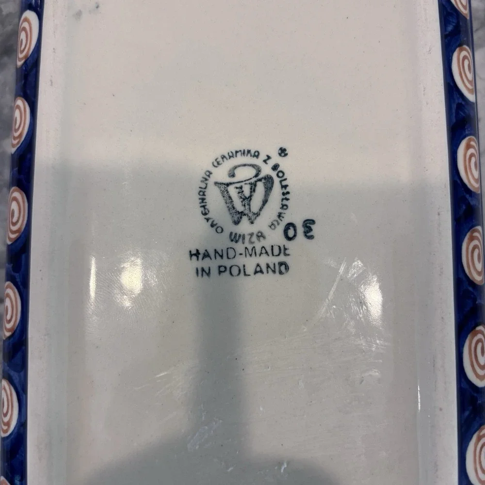 Boleslawiec Handmade Polish Pottery Blue Rose Grape Rectangle Serving Dish